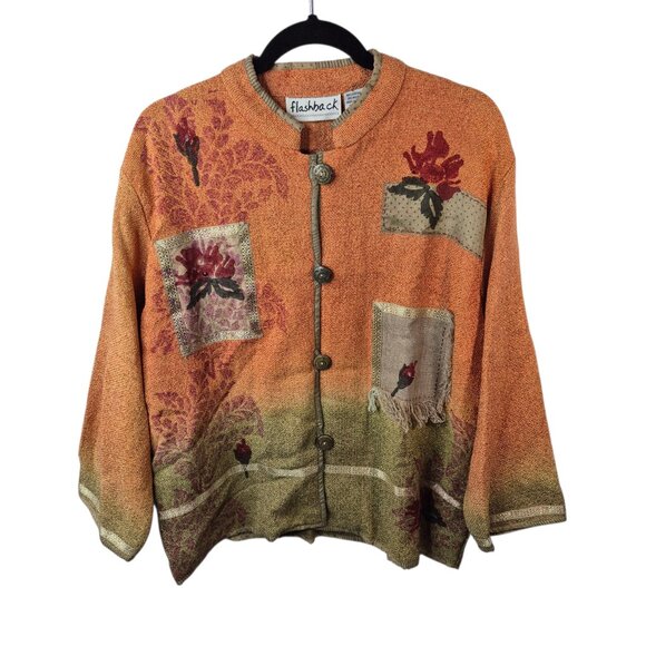 Flashback Womens Jacket Size L Knit Tapestry Patchwork Buttons Pockets Sweater - Picture 1 of 6